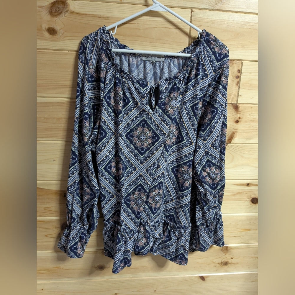 Absolutely Famous 2X Boho Floral Blue White Multicolor Blouse Peasant